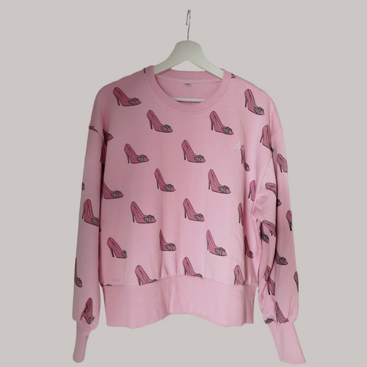 Women’s pink 100% cotton sweatshirt with wide volume sleeves and stiletto shoe image printed all over